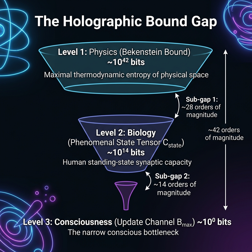 Figure 3.5: The Holographic Bound Gap. Human phenomenological experience operates at a strict C_{\max} bandwidth limit of \sim 10^0 bits, separated from the Bekenstein physiological boundary (\sim 2.5 \times 10^{42} bits using rest-mass energy; \sim 10^{26}–10^{27} bits using internal thermodynamic energy) and the holographic area bound (\sim 10^{68} bits). The formal theorem uses the Bekenstein bound, yielding a total gap of \sim 42 orders of magnitude.