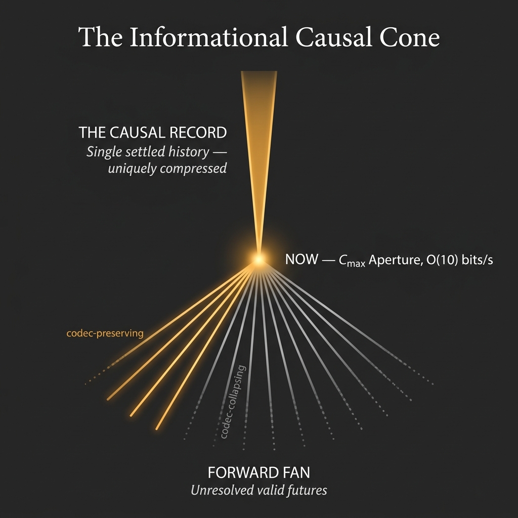 Figure 3.2: The Informational Causal Cone. The settled past forms a single causal record (thread) converging into the C_{\max} aperture, which advances into a forward fan of valid futures. Untraversed branches represent unresolved (superposed) structure; codec-collapsing branches dissolve into noise.