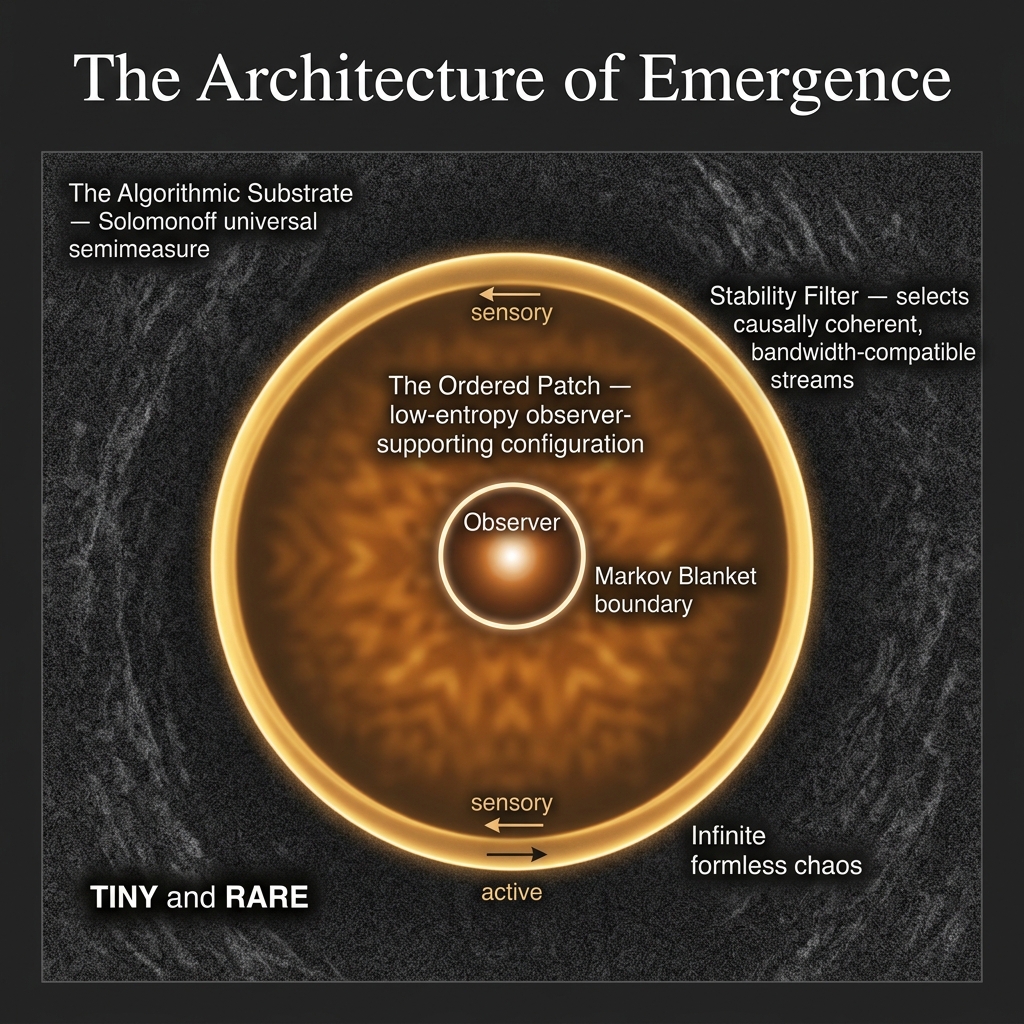 Figure 3.3: The Architecture of Emergence. The Ordered Patch forms a low-entropy, causally coherent configuration sustained by the Stability Filter against the infinite noise of the Solomonoff substrate. The observer is bounded by the Markov Blanket.