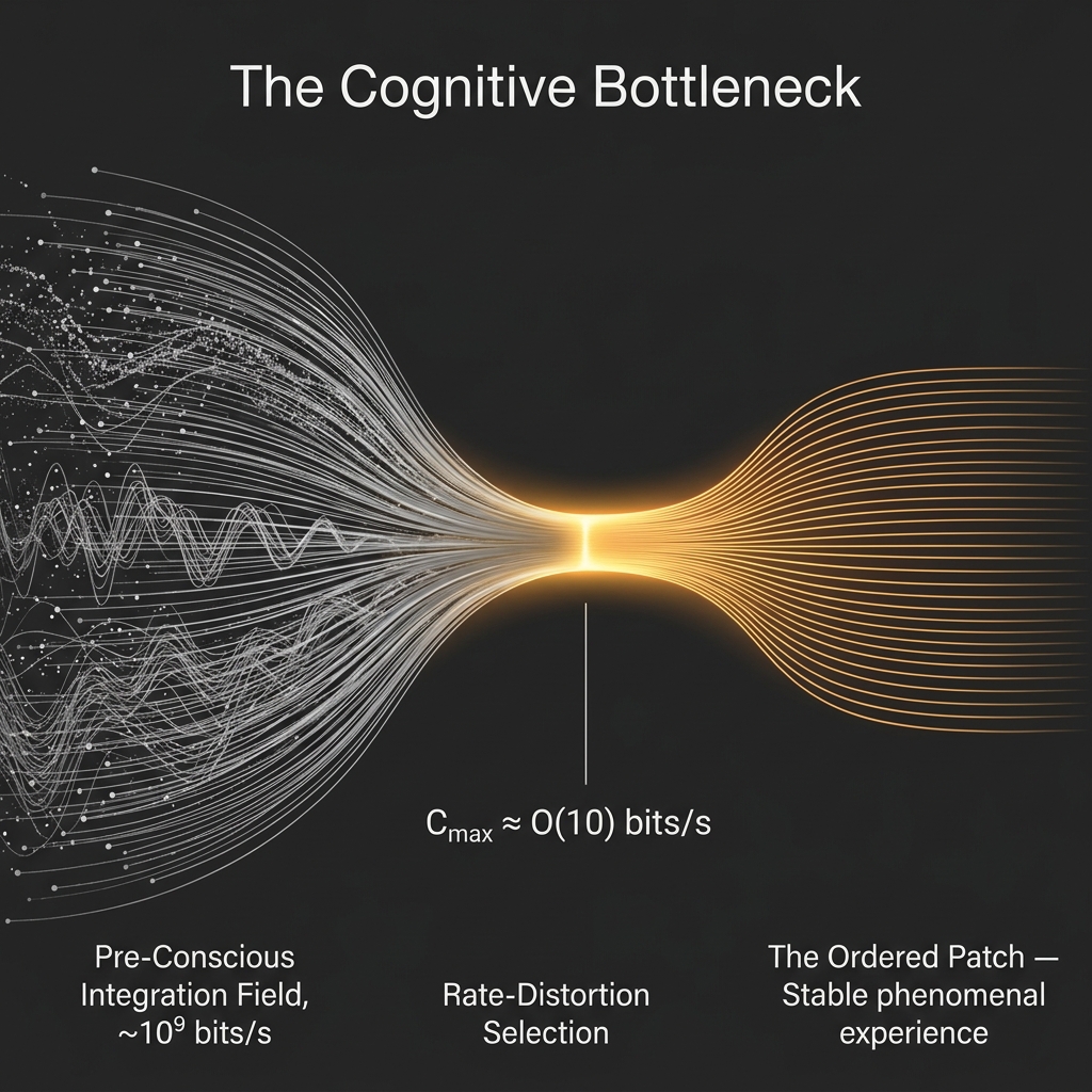 Figure 6.1: The Cognitive Bottleneck. The pre-conscious integration field (\sim 10^9 bits/s) — representing the biological brain’s massive parallel modeling of the virtual algorithmic substrate — is compressed through a severe rate-distortion aperture (C_{\max} \approx \mathcal{O}(10) bits/s) to generate the stable, coherent Ordered Patch experienced as physical reality.