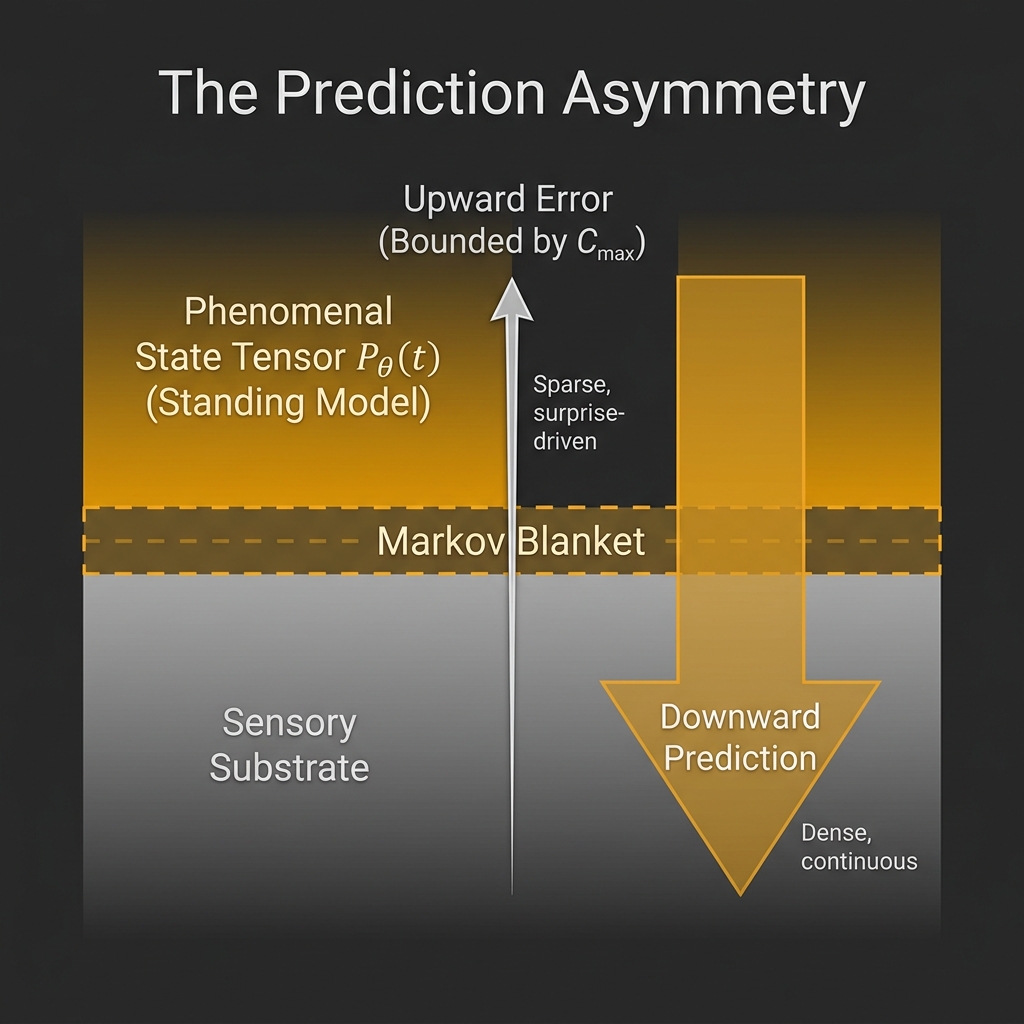 Figure 3.5: The Prediction Asymmetry. The sparse upward prediction error signal \varepsilon_t is bounded by C_{\max}, while the downward generative prediction \pi_t delivers the rich phenomenal scene drawn from the full complexity of P_\theta(t).