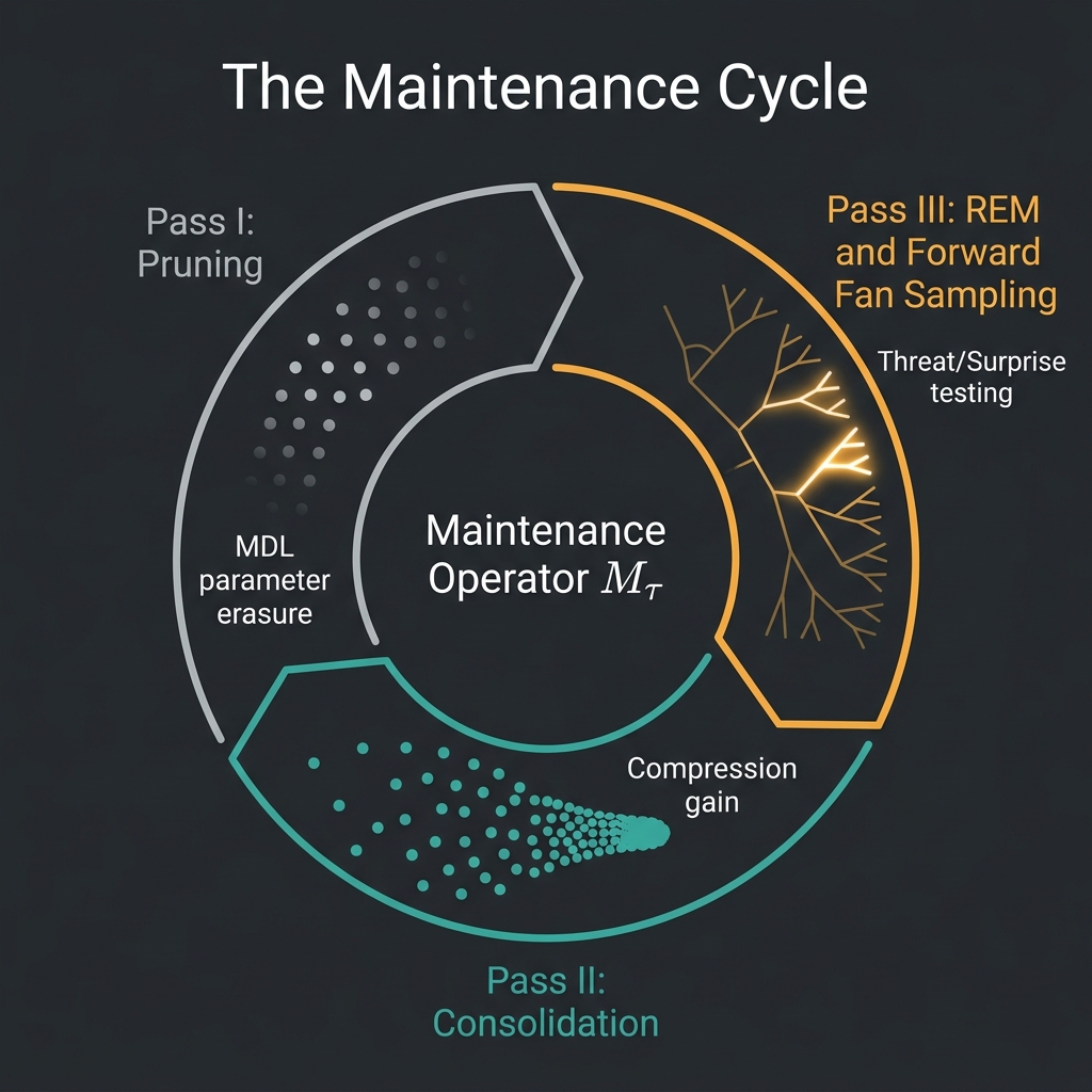 Figure 3.6: The Maintenance Cycle. The codec actively manages its structural complexity through three offline passes: MDL parameter pruning, structural consolidation (compression gain), and forward-fan sampling (REM dreaming) to test for algorithmic brittleness without thermodynamic risk.