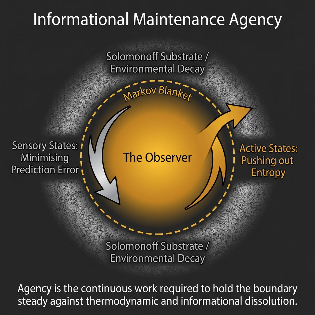 Figure 3.4: Informational Maintenance Agency. The Observer is defined by a Markov Blanket establishing a cyclic boundary against the Solomonoff substrate. Sensory states flow inward to minimize prediction error. What is experienced as outward action is, under OPT’s render ontology (§8.6), the codec’s branch selection expressing itself as subsequent input content — the selected branch of the Forward Fan delivers its consequences at \partial_R A in the next frame.