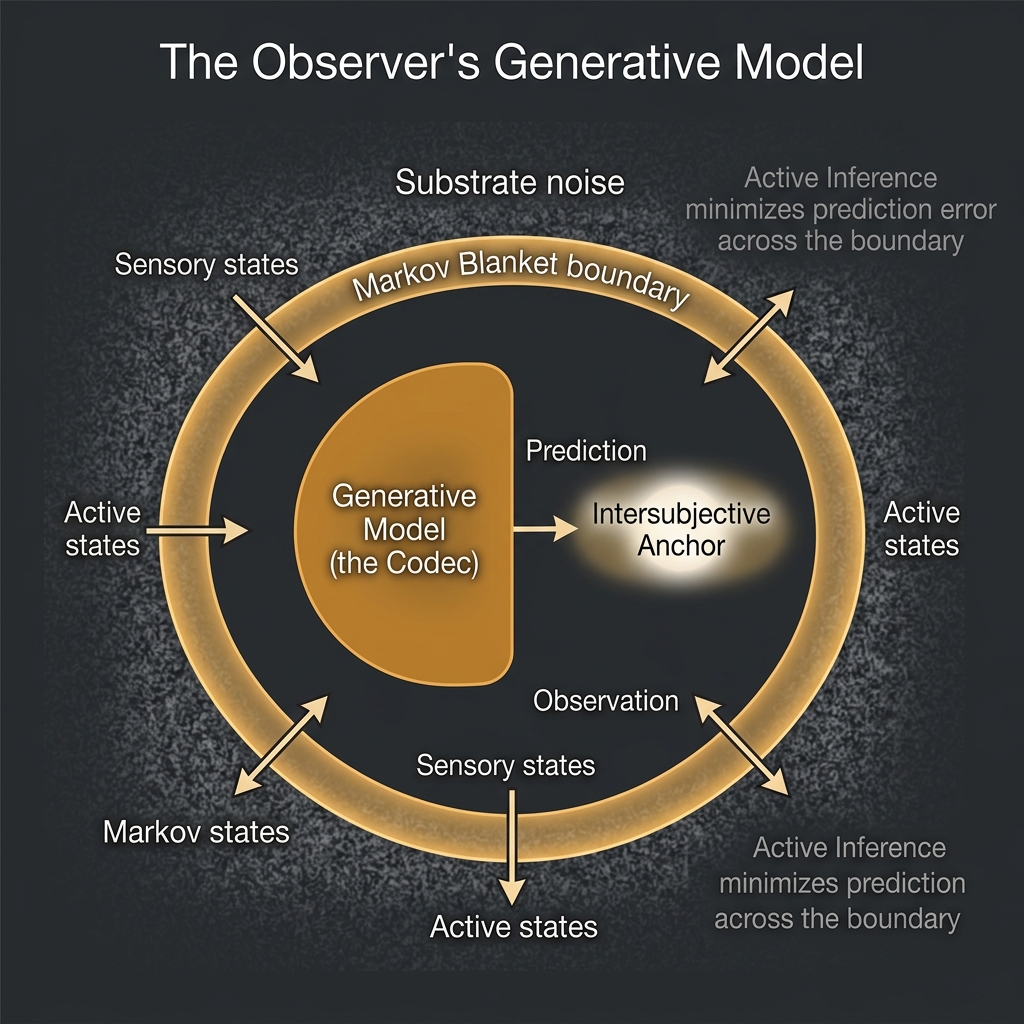 Figure 5.1: The Observer’s Generative Model. The Markov Blanket boundary separates the observer’s internal generative model (the codec) from the substrate noise. Sensory states flow inward; active states flow outward. The intersubjective anchor is maintained as a stable predicted substructure within the rendered world. Active Inference minimizes prediction error across the boundary.