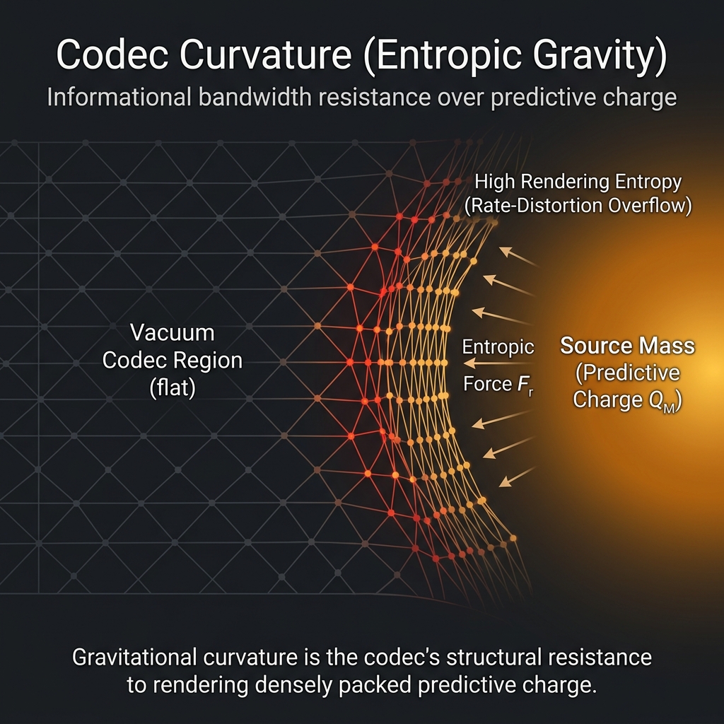 Figure 7.1: Codec Curvature (Entropic Gravity). In OPT, gravitational curvature is not the literal bending of continuous spacetime, but the codec’s structural informational resistance—its “stretching” and vulnerability to rate-distortion overflow—when rendering densely packed predictive charge.