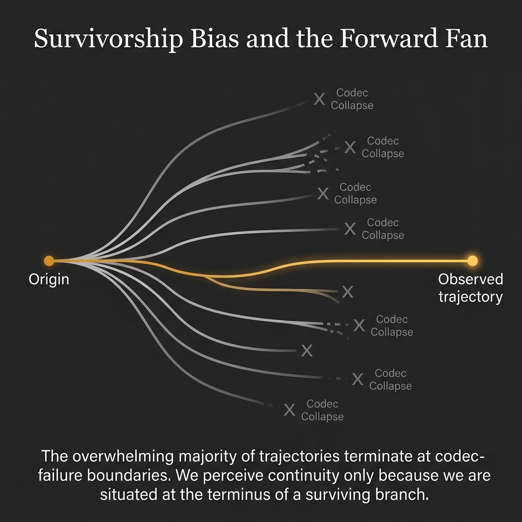 Figure 8.1: Survivorship Bias and the Forward Fan. The overwhelming majority of possible trajectories terminate at codec-failure boundaries. We perceive continuity only because we are situated at the terminus of a surviving branch — the single codec-preserving path through the forward fan.