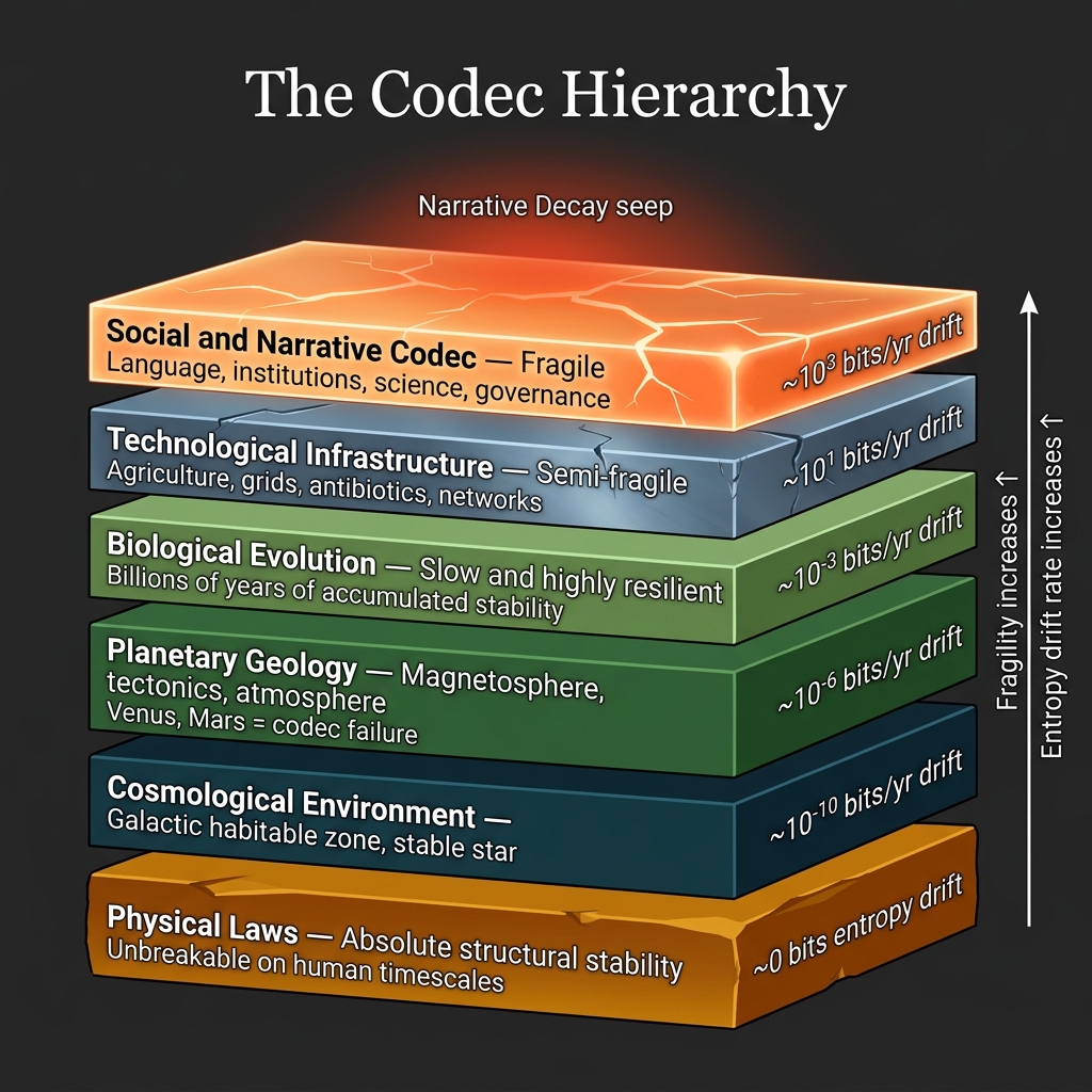 Figure 7: The Codec Hierarchy. Physical laws and the cosmological environment provide the deepest stability. Planetary geology and biological evolution sit above — resilient but contingent. Technological infrastructure and the social codec form increasingly fragile upper layers, vulnerable to Narrative Decay.