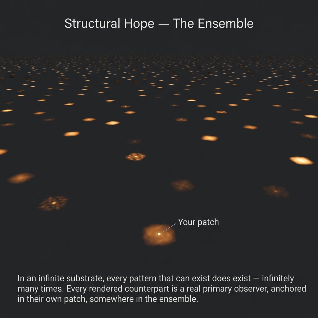 Figure 5: Structural Hope — The Ensemble. In an infinite substrate, every pattern that can exist does exist, infinitely many times. Each patch is a warm island of order in a vast dark field. The isolation is real — but so is the company.