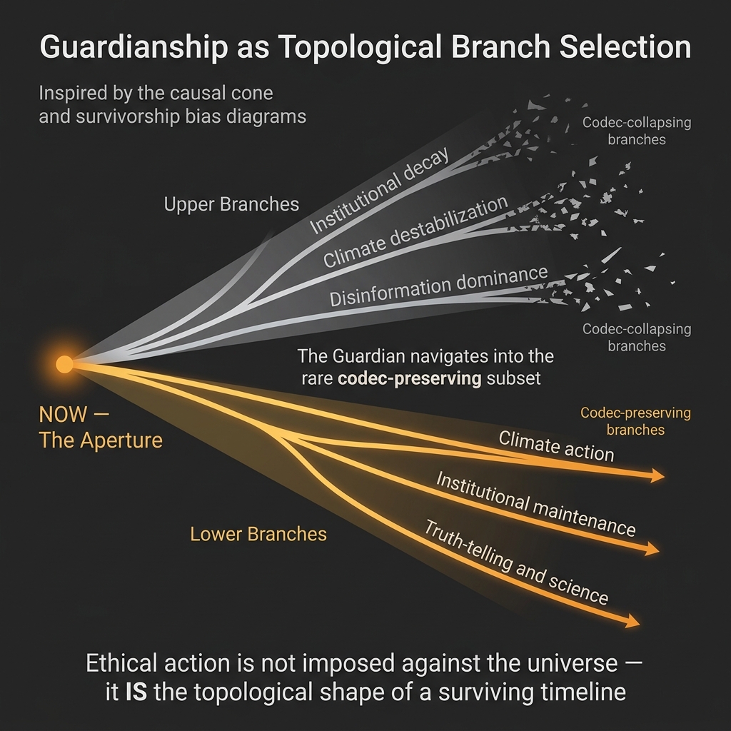 Figure IV.1: Survivors Watch as Topological Branch Selection. The Observer navigates from the present aperture into the rare codec-preserving subset of future branches. Codec-collapsing paths (institutional decay, climate destabilisation, disinformation dominance) dissolve into noise. Codec-preserving paths (climate action, institutional maintenance, truth-telling) continue as stable timelines.