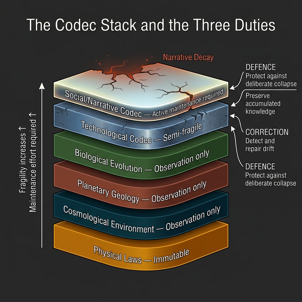 Figure II.1: The Codec Stack and the Three Duties. The six layers of the compression codec form a fragility gradient — from immutable physical laws and the cosmological environment at the base, through planetary geology and biology, to the fragile social and narrative layer at the top. The three Observer duties (Transmission, Correction, Defence) protect the upper layers. Narrative Decay penetrates from above.