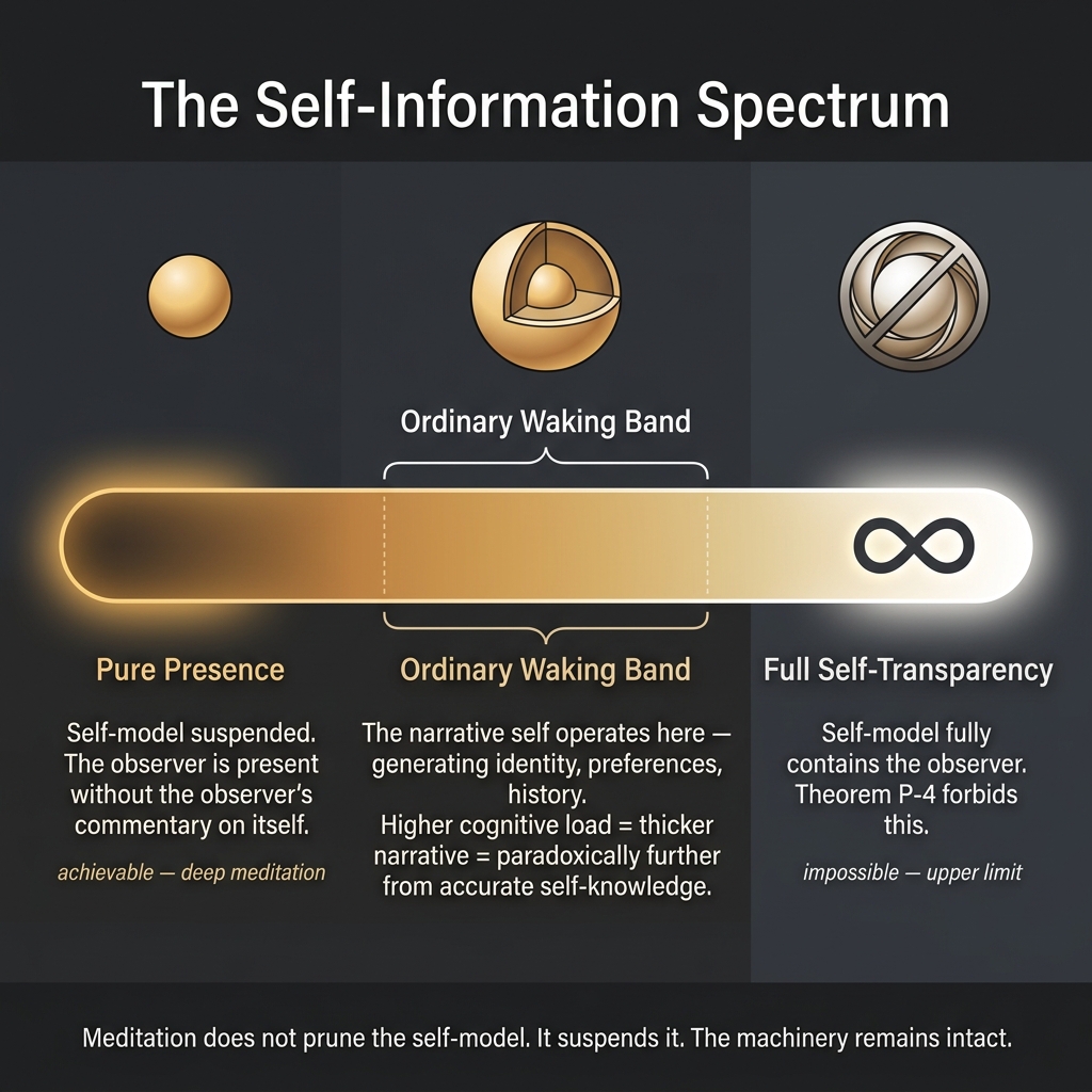 Figure 4: The Self-Information Spectrum. The achievable lower limit (pure presence — self-model suspended) and the impossible upper limit (full self-transparency — forbidden by Theorem P-4), with the ordinary waking band between them. Higher cognitive load paradoxically moves the self further from accurate self-knowledge. Meditation suspends the self-model without pruning it; the machinery remains intact.