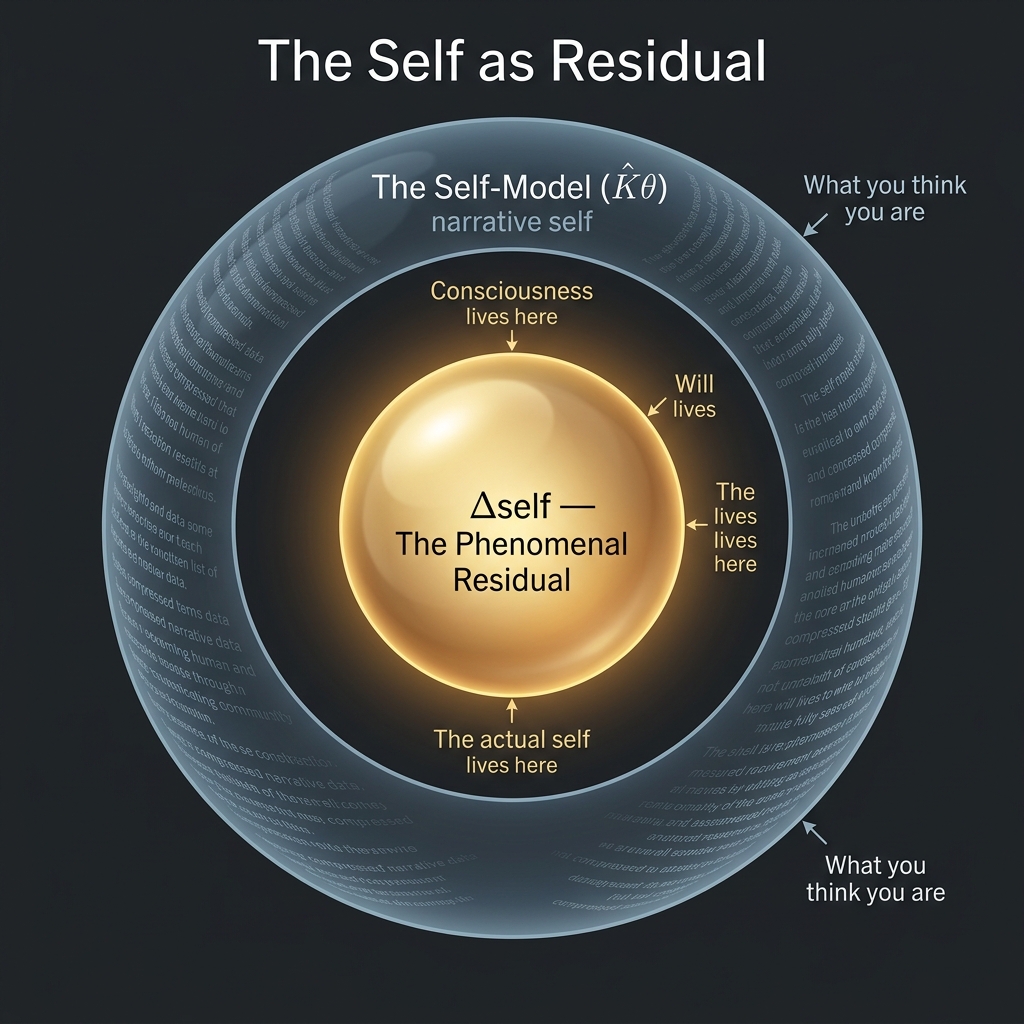 Figure 2: The Self as Residual. The outer shell — the self-model — is the compressed narrative of identity, preferences, and history: what you think you are. The golden core is the unmodelable residual where consciousness, will, and the actual self reside. The self you know is the shell. The self you are is the core.